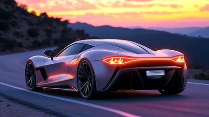 Obraz premium Sleek Sports Car Against Vibrant Sunset Background