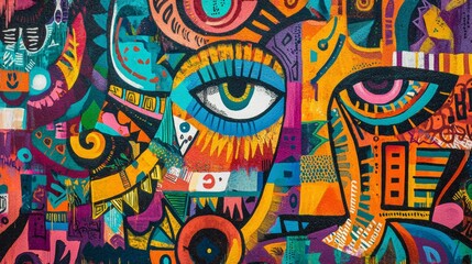 Naklejka premium Graffiti wall with cultural symbols, street art incorporating diverse cultural motifs