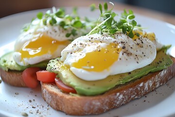 A mouthwatering photo of poached eggs on avocado toast, with fresh green sprouts and slices of tomato for an extra touch of freshness.