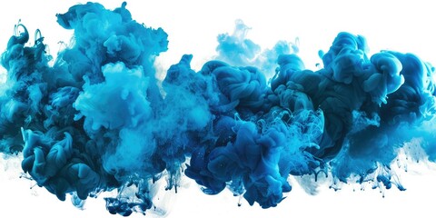 A dynamic blue smoke explosion spreading on a white background. 