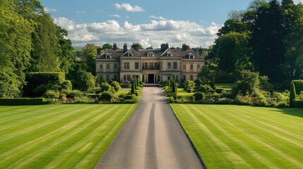 Fototapeta premium A grand country estate with a long driveway leading to a stately home surrounded by gardens.