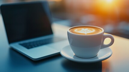 A stylish espresso cup beside an open laptop on a cafe terrace, 