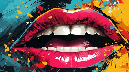 A colorful painting of a woman's mouth with a red lip