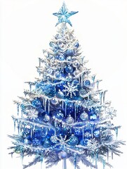 Icicle Christmas Tree: A 2D illustration of a Christmas tree decorated with icicle ornaments, blue and white lights