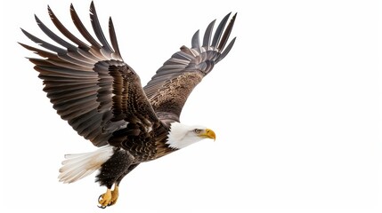 Fototapeta premium Majestic eagle soaring high, wings spread wide, showcasing power and freedom against a clean white canvas.