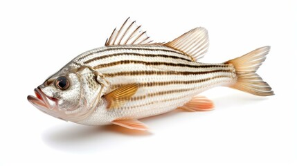 Fototapeta premium Fresh, appetizing white striped bass fish on a clean white background, perfect for culinary presentations.