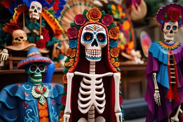 D�a de los Muertos Skeleton Statue Stunning Wood Carving and Colorful Folk Art