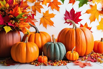 Vibrant Autumn Ambiance with Colorful Foliage and Orange Pumpkins on a Bright Background
