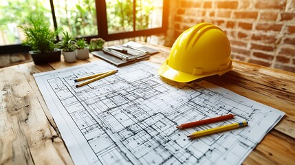 An organized architectural desk with blueprints spread out, pencils scattered across, and a bright yellow hard hat symbolizing ongoing project management.