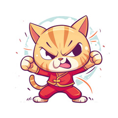 A cute cartoon cat dressed in a red karate uniform with a black belt, ready to fight with a determined look on its face.