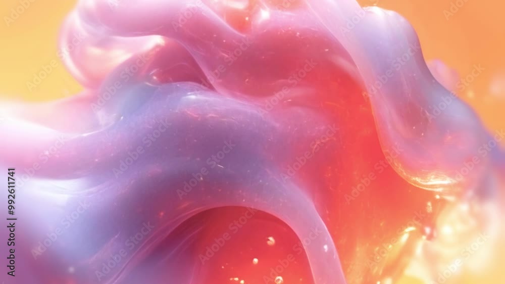 Poster A translucent, colorful, flowing shape in an abstract style where orange, pink and purple hues merge to create a shimmering stream. Light highlights add a sense of movement and fluidity, giving the co