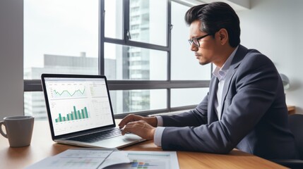 Fototapeta premium A focused professional analyzes graphs and data on a laptop, surrounded by reports on a bustling desk in a bright office.