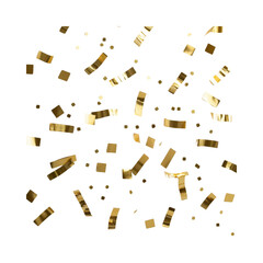 Falling shiny golden confetti isolated on transparent background. Bright festive tinsel of gold color