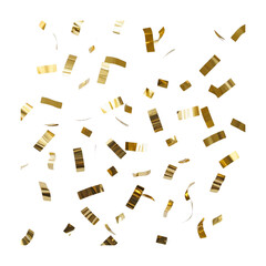 Falling shiny golden confetti isolated on transparent background. Bright festive tinsel of gold color