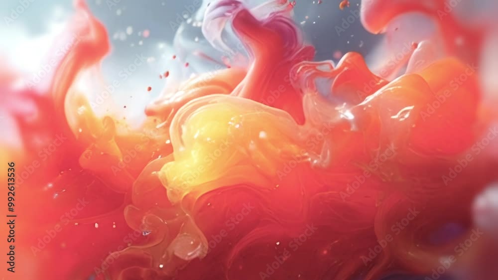 Poster animation of a fluid, wave-like flow of liquid mass shimmering in shades of orange, pink and blue. l