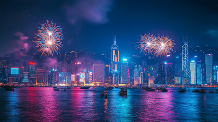 Spectacular fireworks light up the night sky over Hong Kong&rsquo;s skyline during a festive celebration