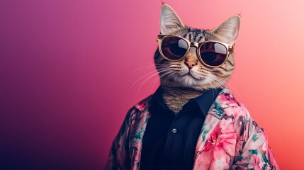 Fototapeta premium Cat in sunglasses, stylish floral outfit.