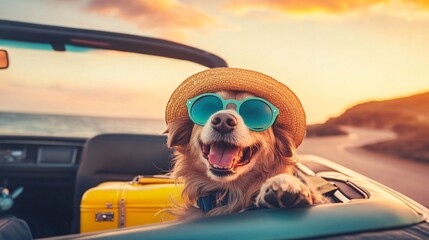 Happy dog with sunglasses in convertible