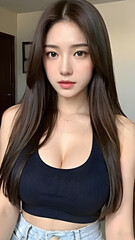 Fototapeta premium Portrait of a beautiful Asian woman in a black top and jeans