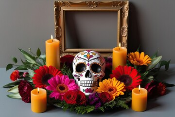 Colorful Offering with Skull, Flowers, and Candles for Day of the Dead Celebration in Empty Photo Frame