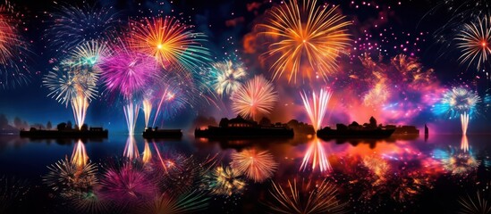 A spectacular fireworks show explodes over a calm lake reflecting the vibrant colors in the water.