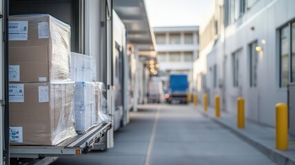 Realistic view of a hospital receiving dock with trucks unloading medical equipment, hospital supply chain, logistics management