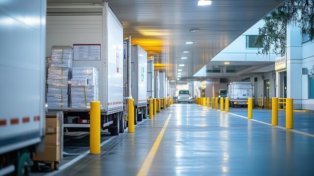 Realistic view of a hospital receiving dock with trucks unloading medical equipment, hospital supply chain, logistics management