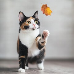 Obraz premium Calico cat swiping at a gently falling leaf, autumn play, vibrant, playful