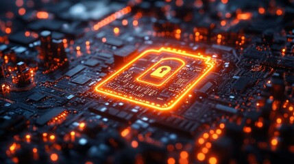 Cyber Security: Glowing Lock on Circuit Board