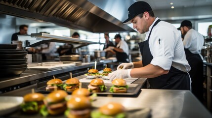 A dedicated chef meticulously adds finishing touches to gourmet burgers in a bustling kitchen.