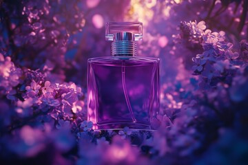 glass bottle of purple perfume on flowers background