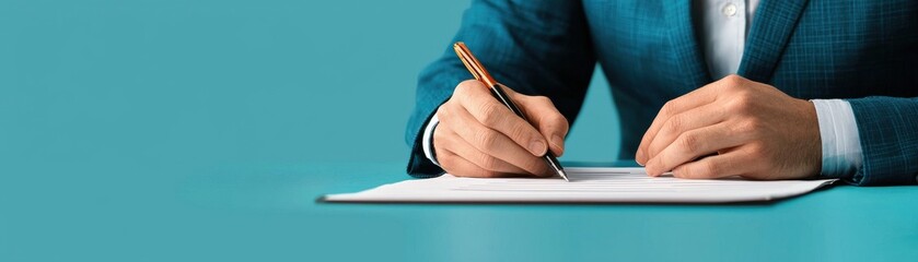person in a blue suit writing on a blank sheet of paper, representing professionalism and creativity.