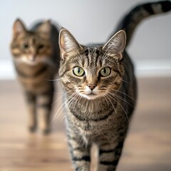 Obraz premium Cat batting at the tail of another cat, playful interaction, fun, engaging