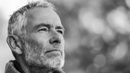 Middle aged man with a thoughtful expression in black and white