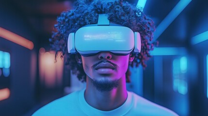 Young Man Wearing VR Headset with Digital Interface: Concepts of Virtual Reality, Metaverse, and Technological Advancement for Showcasing VR Applications, Gaming, and Future Technology