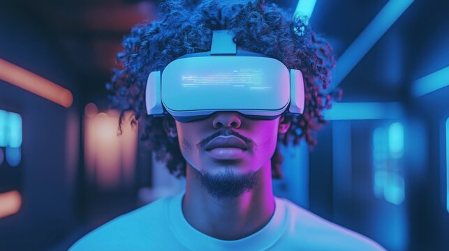 Young Man Wearing VR Headset with Digital Interface: Concepts of Virtual Reality, Metaverse, and Technological Advancement for Showcasing VR Applications, Gaming, and Future Technology - Powered by Adobe