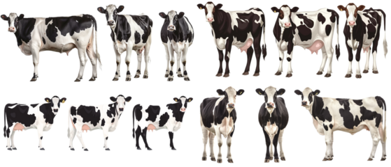 Set of cow with front, side, and back views, isolated
