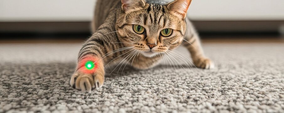 Cat chasing a laser pointer on a carpet, paws outstretched, laser chase, interactive, dynamic