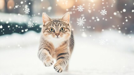 Cat chasing after falling snowflakes, winter play, elegant, magical