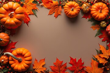 Bright Festive Background with Lively Orange Pumpkins and Swirling Autumn Leaves on Soft Canvas