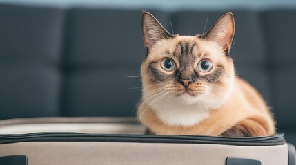 Cat exploring an empty suitcase, traveling play, adventurous, curious