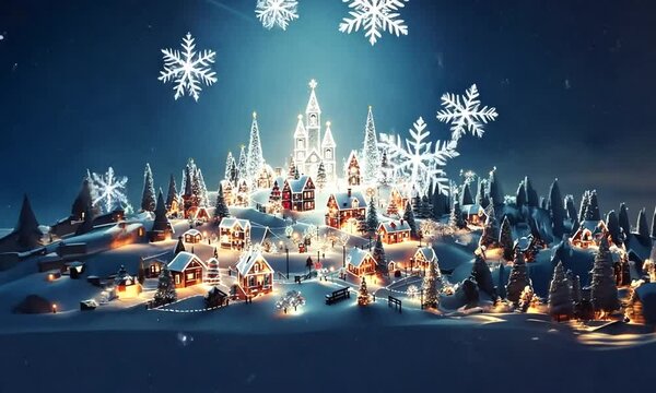 Flocons de neige tombant sur un village illumin&eacute; pour les f&ecirc;tes de fin d'ann&eacute;e, ambiance nocturne magique et festive dans un paysage hivernal