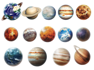 set of planets from the solar system, isolated against a transparent background