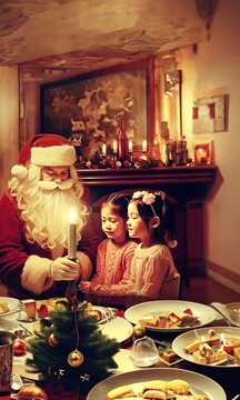 P&egrave;re No&euml;l priant devant une bougie avec deux petites filles asiatiques ou eurasiennes autour de la table du repas de r&eacute;veillon de No&euml;l, sc&egrave;ne festive et spirituelle