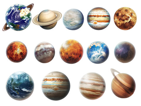 set of planets from the solar system, isolated against a transparent background