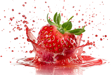 strawberry with a juice splash, set against a transparent background