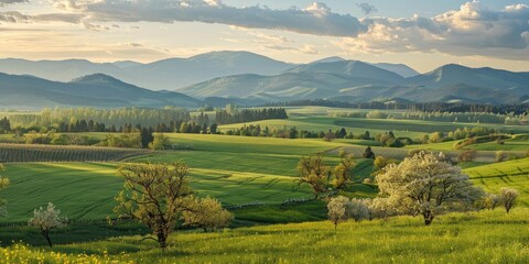 Obraz premium A serene spring countryside scene with a patchwork of green fields, blooming orchards, and a distant mountain range under a bright spring sky.