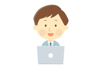 パソコンを使う笑顔の男性社員のイラスト