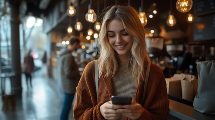 A stylish young woman waits in line at a bustling urban coffee shop, smiling at her smartphone. The shop features sleek, modern decor with hanging light bulbs, polished floors,