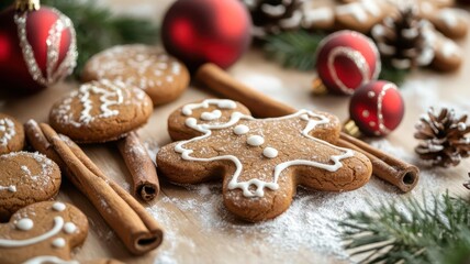 Flour-dusted table filled with gingerbread cookies, cinnamon sticks, and holiday decorations, Christmas baking details, cozy festive setup